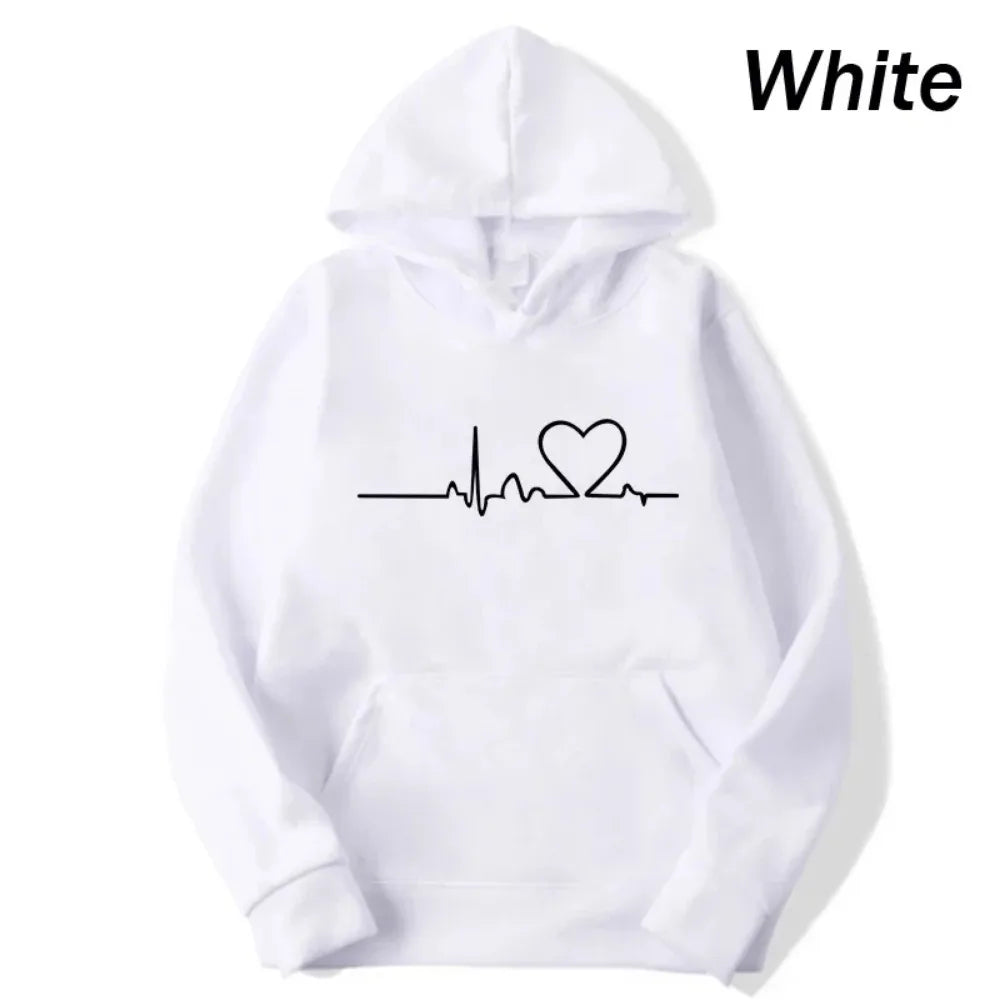 New Women Casual Hoodies Autumn/Winter Heartbeat Print Men Loose Hoodies Couple Sweatshirts Ladies Hooded Tops Streetwear