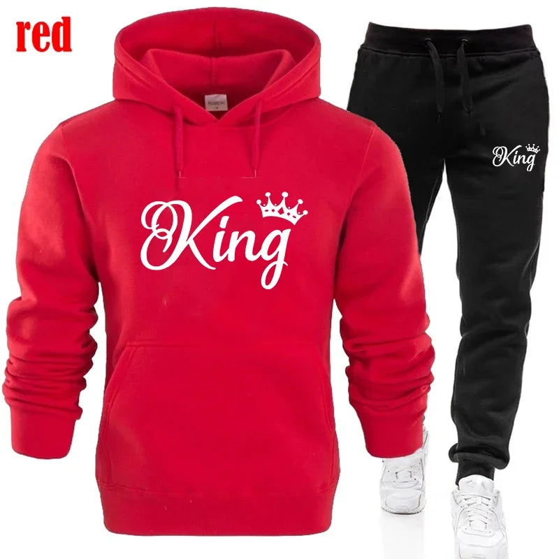 Fashion KING and QUEEN Printed Hooded Suits Autumn Winter Couple Hoodie + Pants 2-piece Suit