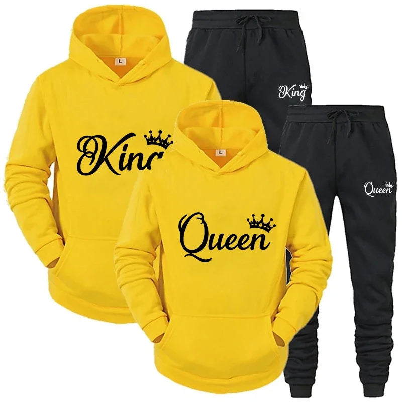 Fashion KING and QUEEN Printed Hooded Suits Autumn Winter Couple Hoodie + Pants 2-piece Suit