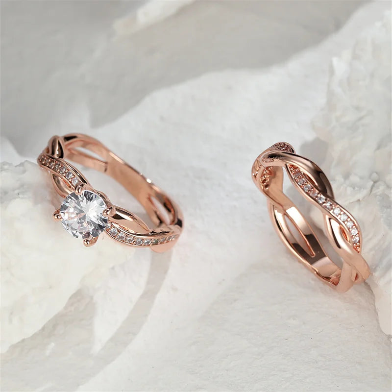 Female Round Zircon Bridal Sets Silver Gold Color White Crystal Stone Crossed Wedding Bands Promise Engagement Rings For Women