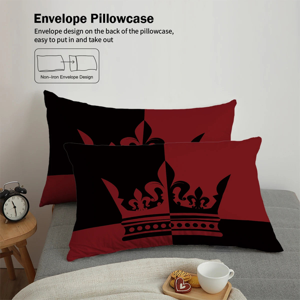 3-piece down duvet cover set with black and red color matching heart print (1 duvet cover+2 pillowcases, no core) couple bedding