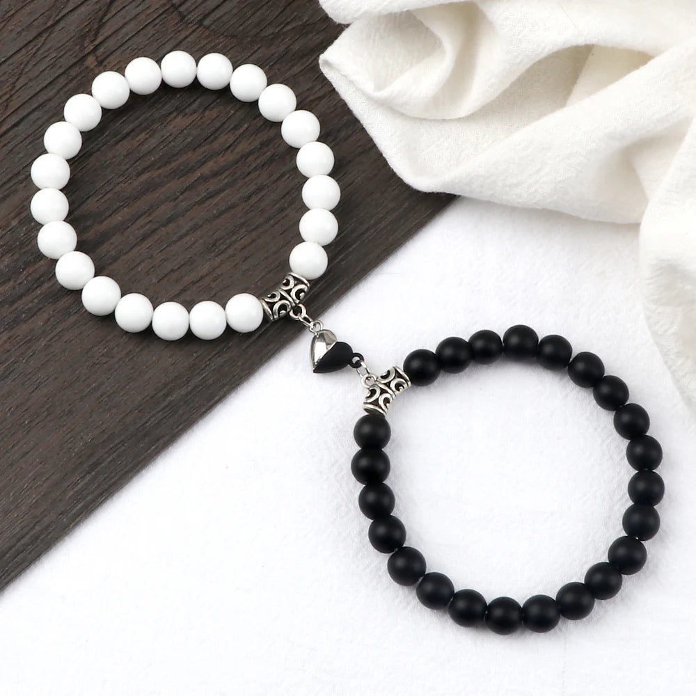 Hot Couple Yin Yang Bracelet Set Men 8mm Natural Stone Heart shape Magnet Love Braclet for Women Friendship Fashion Jewelry Gift
