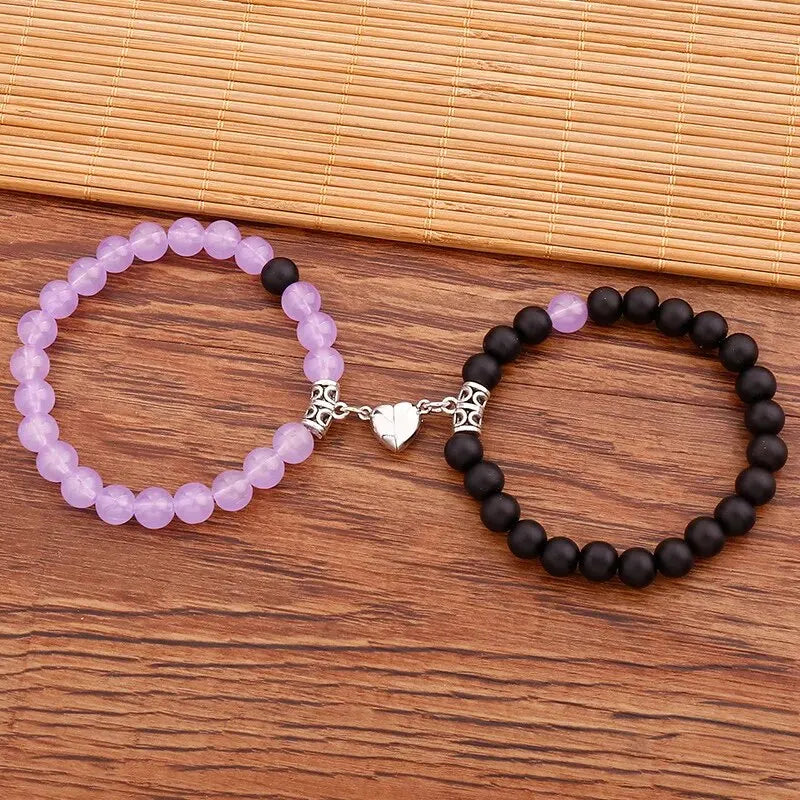 1Pair Hot Sale Love Peach Heart Magnet Bracelets For Couple Lovers Romantic Simple Frosted Stone Pink Crystal Jewelry Handwear