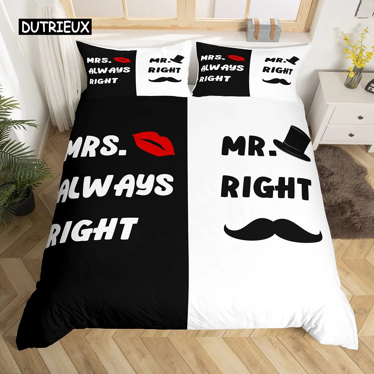 Mr Mrs Duvet Cover Set Funny Black Red Creative Twin Bedding Set Microfiber Love Man Mustache Woman Lip Romance Comforter Cover