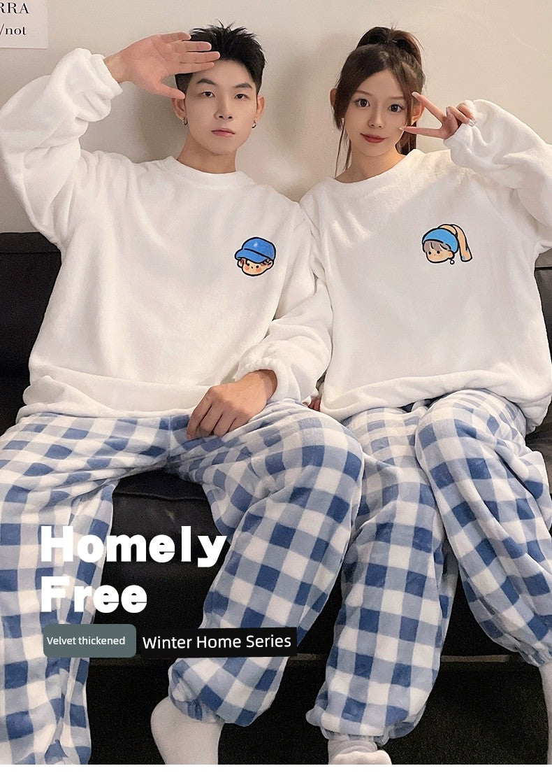 Women's Coral Fleece Cute Cartoon Gingham Couple Pajamas