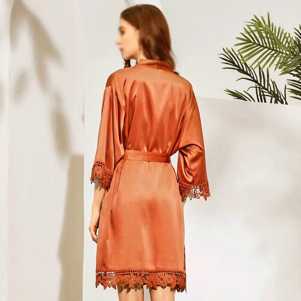 Silky Gowns Bride Tribe Wedding Morning Robes Hen Party Beautiful Lace Detail to Cuffs and Hem Robes Ladies Dressing Gown Kimono
