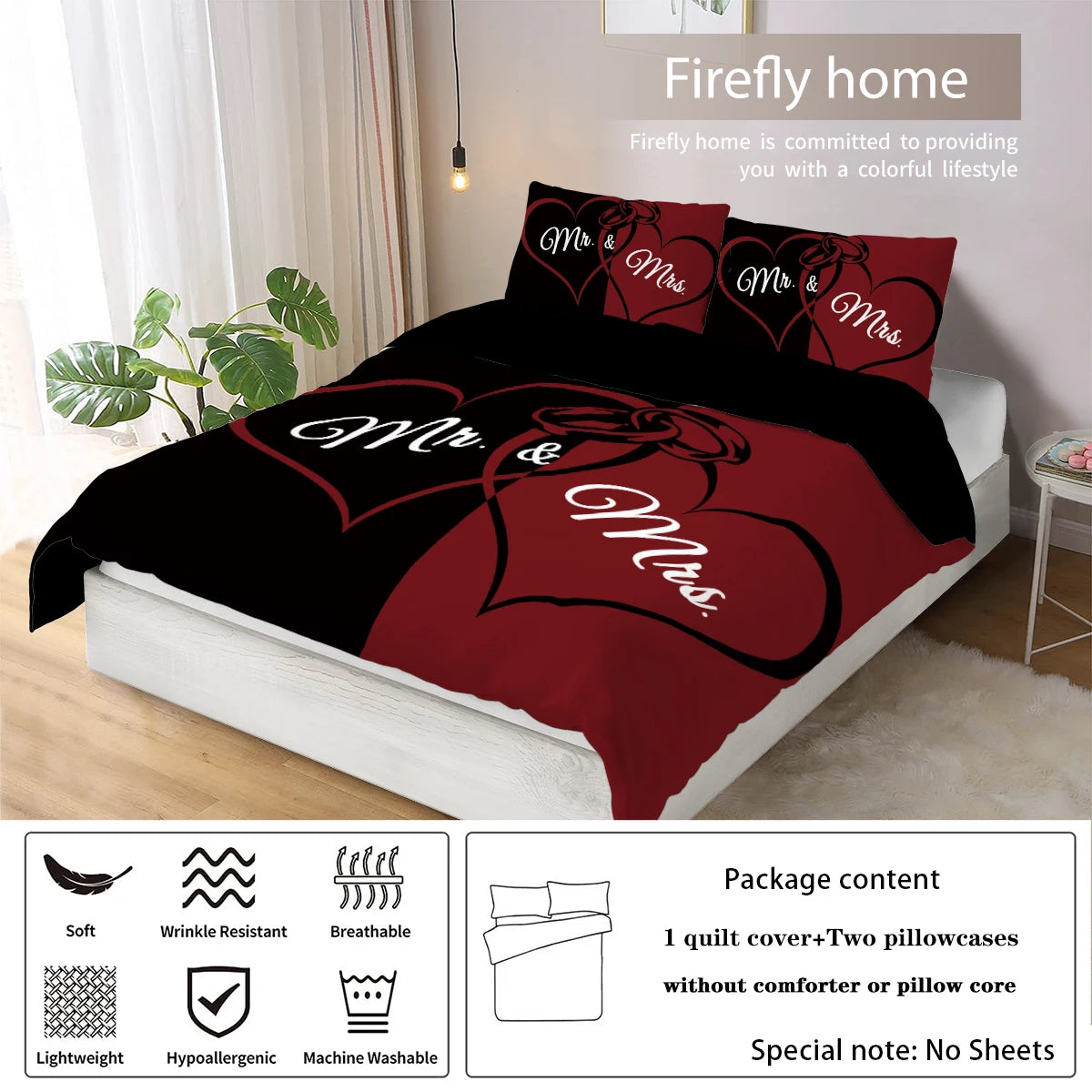 3-piece down duvet cover set with black and red color matching heart print (1 duvet cover+2 pillowcases, no core) couple bedding