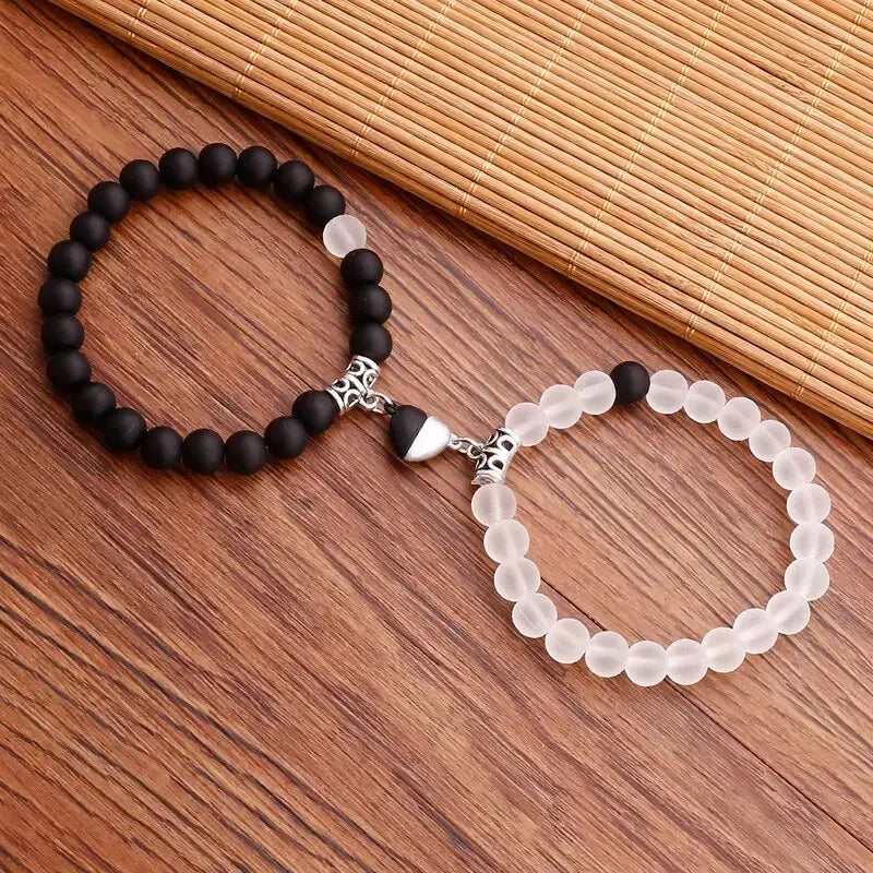 1Pair Hot Sale Love Peach Heart Magnet Bracelets For Couple Lovers Romantic Simple Frosted Stone Pink Crystal Jewelry Handwear