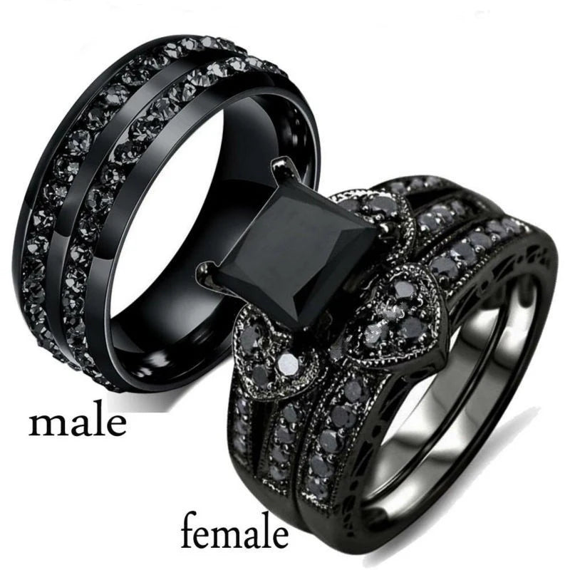 Popular Couple Romantic Couple Ring Fashion Jewelry Anniversary Wedding Black Heart Cubic Zirconia Ring Set Lover Gift