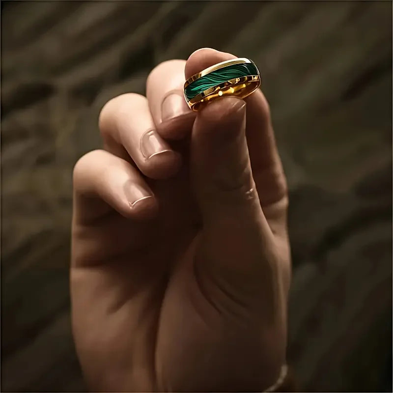 Men's Fashion Titanium Wedding Ring, 8mm Stainless Steel Style Ring, Turquoise Pattern Valentine's Day Jewelry Daily Elegance