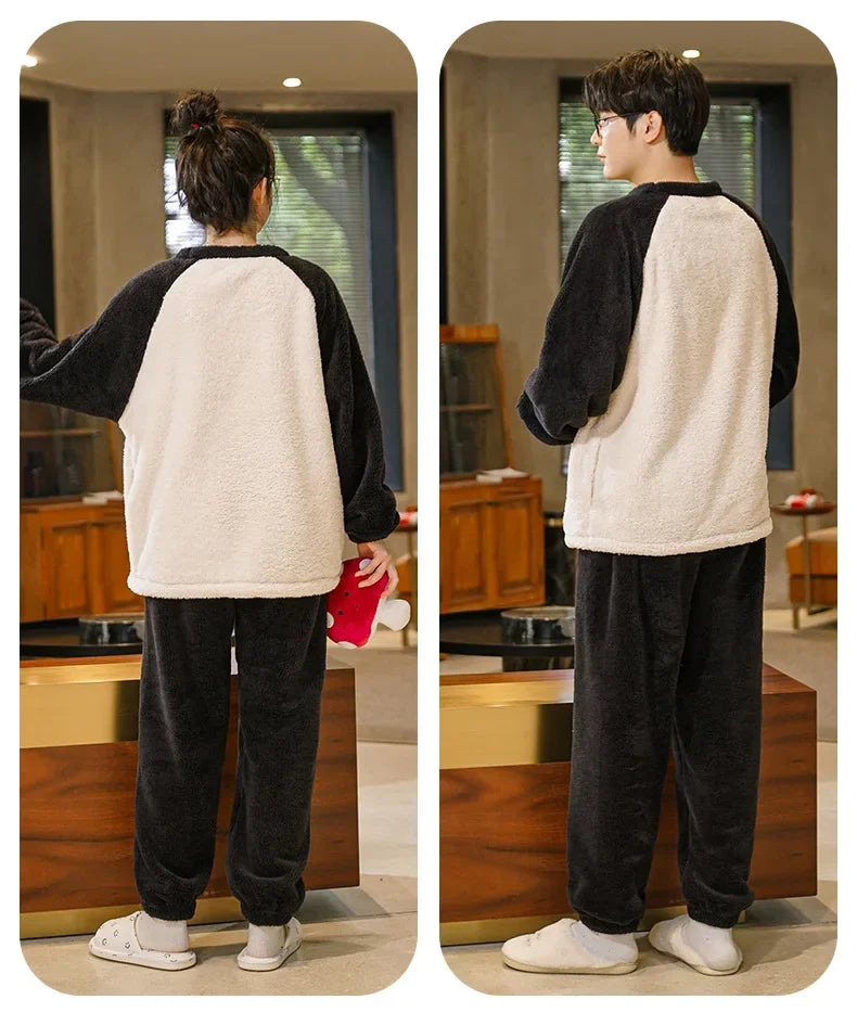 Couple's Flannel Pajamas Round Neck Long Sleeve Korean Style Homewear Pullover Thickened Autumn Winter Warm Round Neck Pajamas