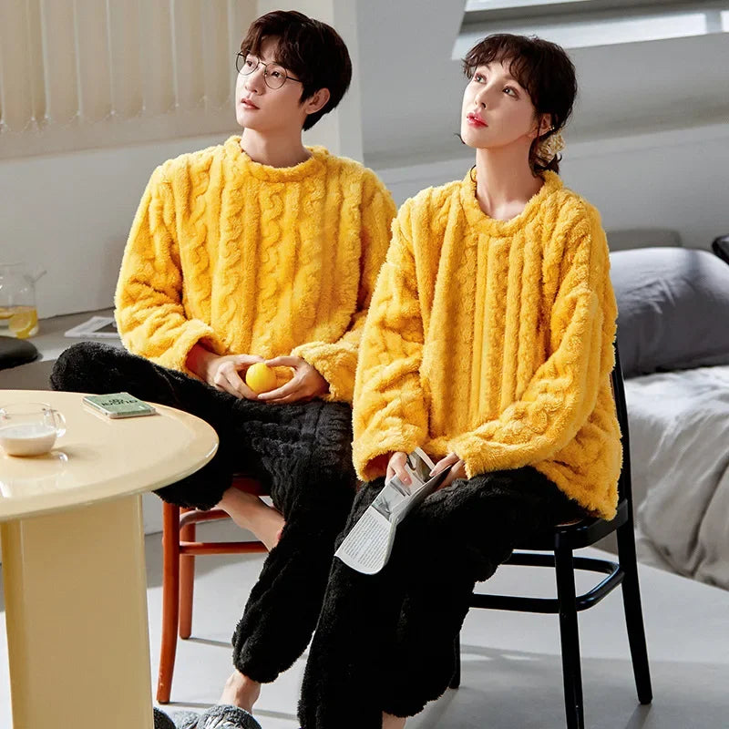 Couple's Flannel Pajamas Round Neck Long Sleeve Korean Style Homewear Pullover Thickened Autumn Winter Warm Round Neck Pajamas