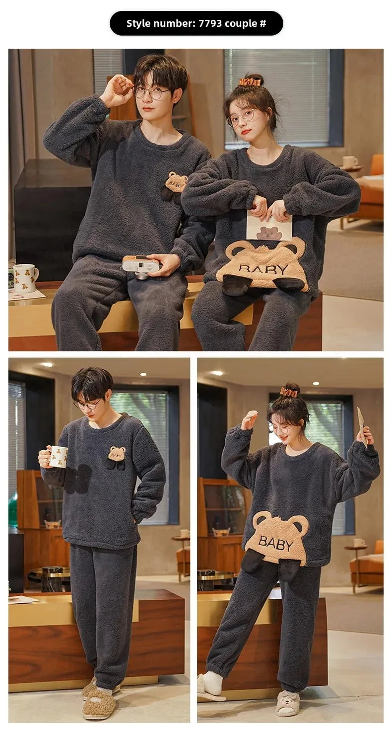 Couple's Flannel Pajamas Round Neck Long Sleeve Korean Style Homewear Pullover Thickened Autumn Winter Warm Round Neck Pajamas