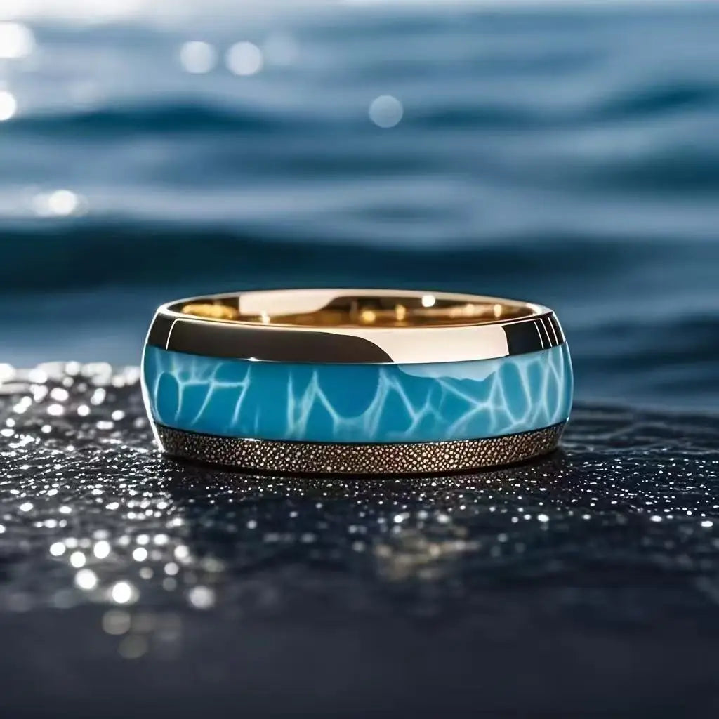 Men's Fashion Titanium Wedding Ring, 8mm Stainless Steel Style Ring, Turquoise Pattern Valentine's Day Jewelry Daily Elegance