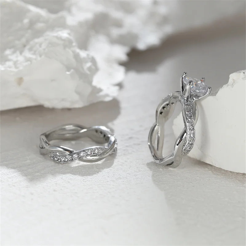 Female Round Zircon Bridal Sets Silver Gold Color White Crystal Stone Crossed Wedding Bands Promise Engagement Rings For Women