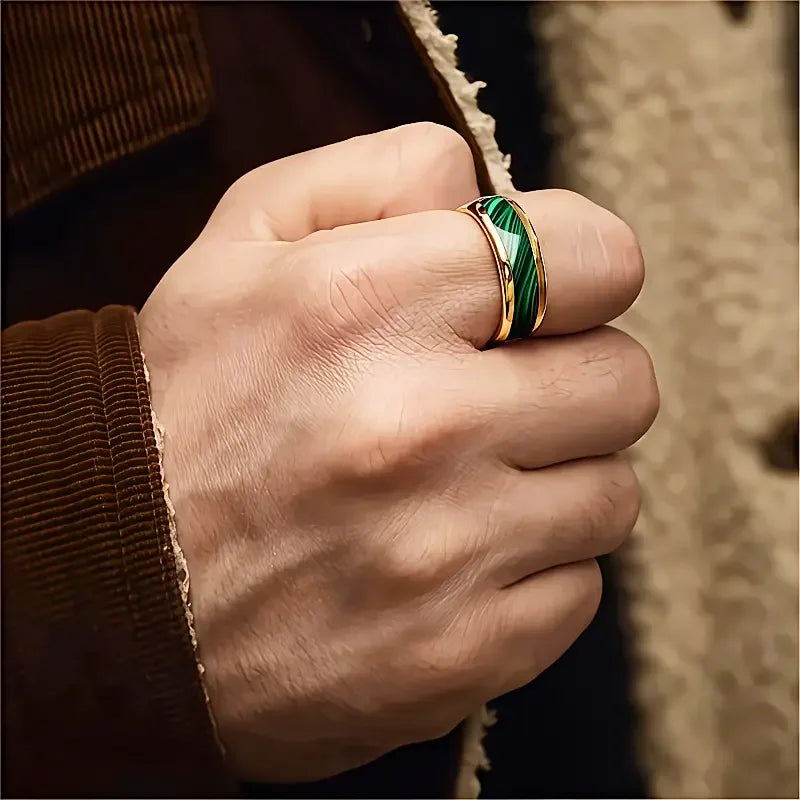 Men's Fashion Titanium Wedding Ring, 8mm Stainless Steel Style Ring, Turquoise Pattern Valentine's Day Jewelry Daily Elegance