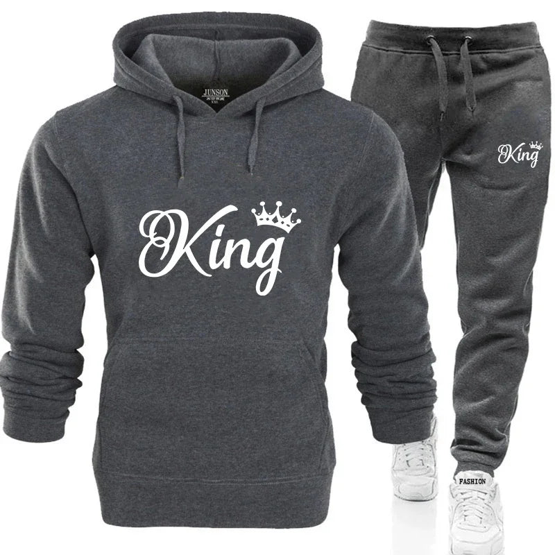 Fashion KING and QUEEN Printed Hooded Suits Autumn Winter Couple Hoodie + Pants 2-piece Suit