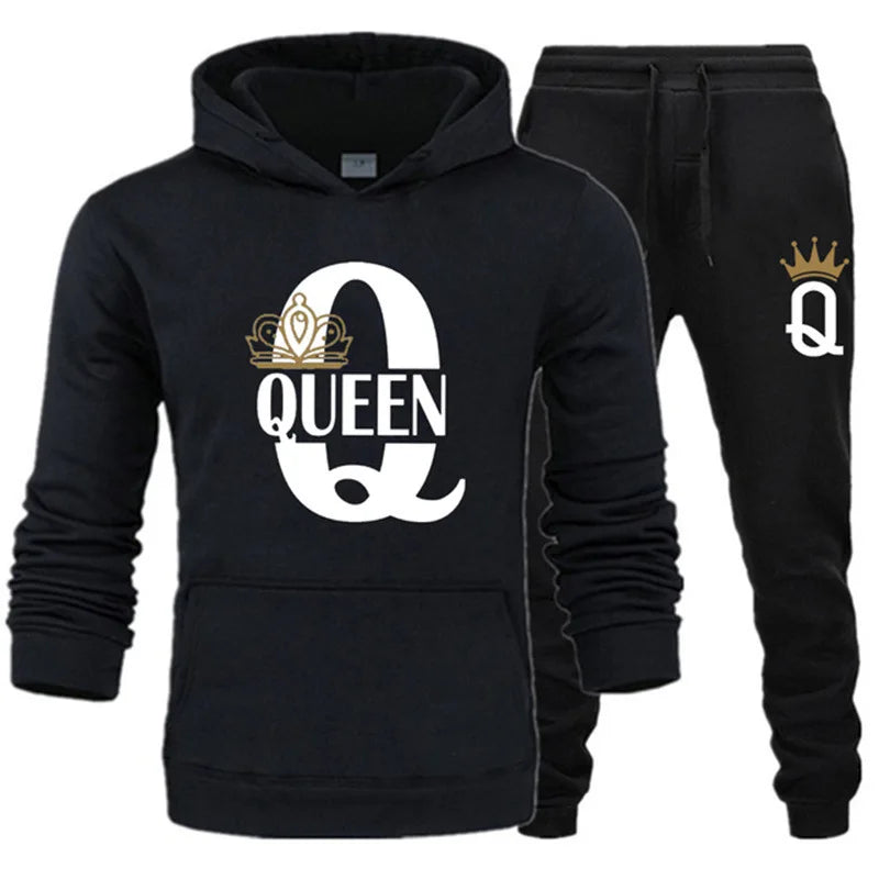 2025 New Autumn and Winter Men's and Women's Sweater Set KING QUEEN Loose Relaxed Hooded Print Couple Set