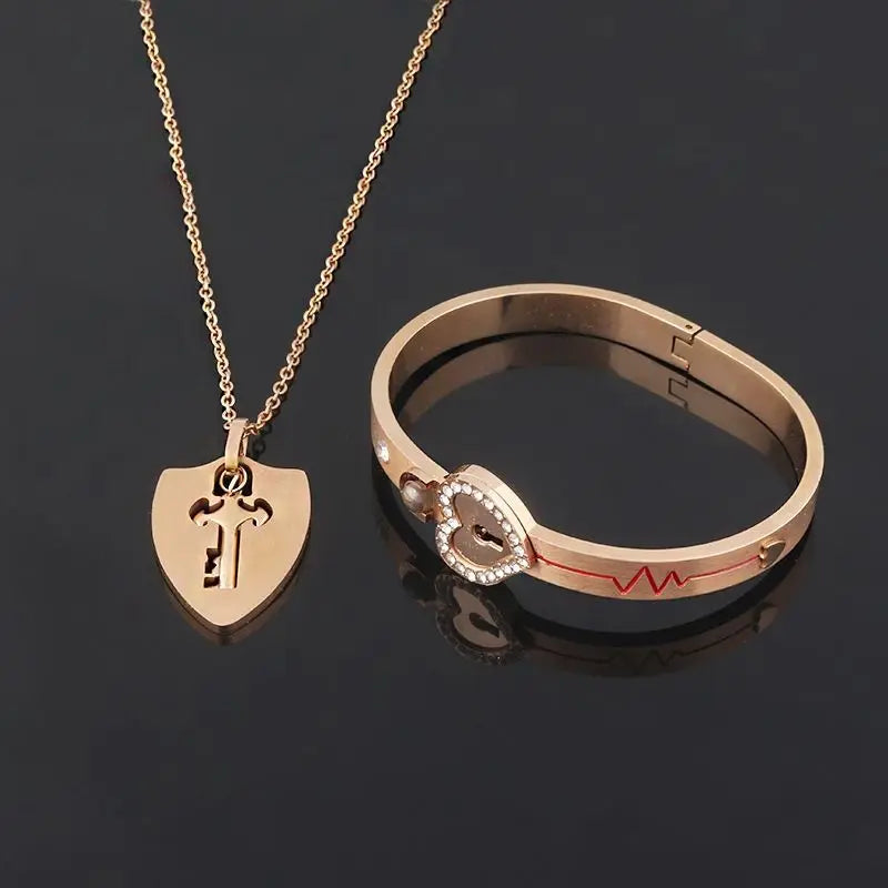Stainless Steel Couple Bracelet Love Heart Lock Bracelets Bangle Key Pendant Necklace For Women Men Valentine's Day Jewelry Gift