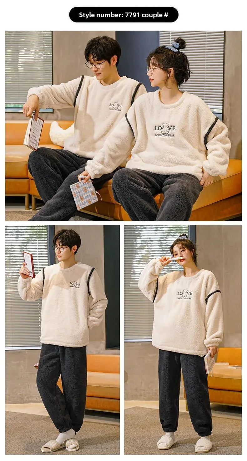 Couple's Flannel Pajamas Round Neck Long Sleeve Korean Style Homewear Pullover Thickened Autumn Winter Warm Round Neck Pajamas