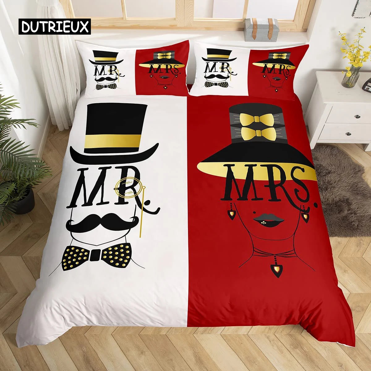 Mr Mrs Duvet Cover Set Funny Black Red Creative Twin Bedding Set Microfiber Love Man Mustache Woman Lip Romance Comforter Cover