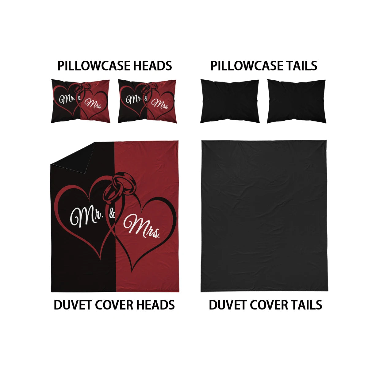 3-piece down duvet cover set with black and red color matching heart print (1 duvet cover+2 pillowcases, no core) couple bedding