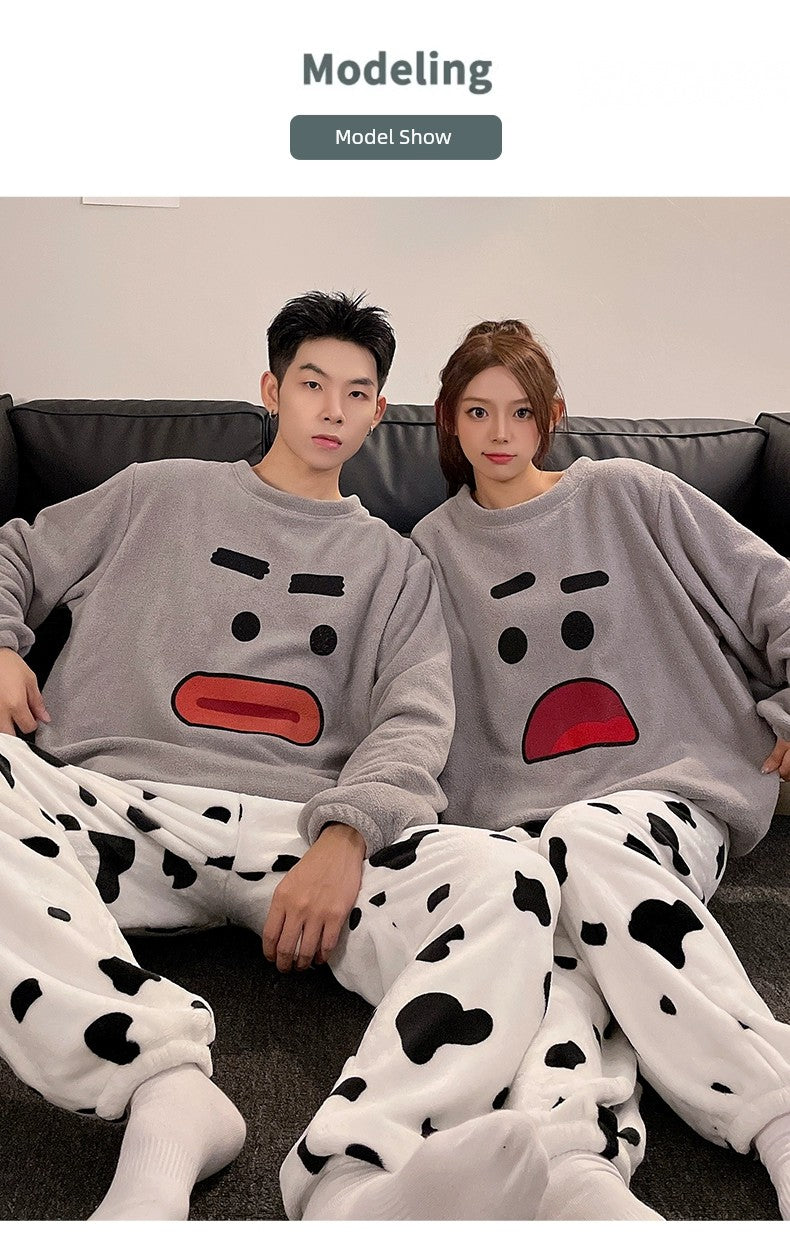 Autumn and Winter Coral Fleece Couple Pajamas Women's Flannel Cartoon Cute Women's Suit Winter Men's Home Wear