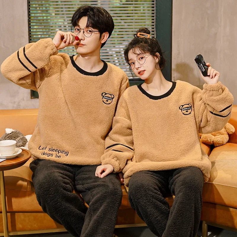 Couple's Flannel Pajamas Round Neck Long Sleeve Korean Style Homewear Pullover Thickened Autumn Winter Warm Round Neck Pajamas