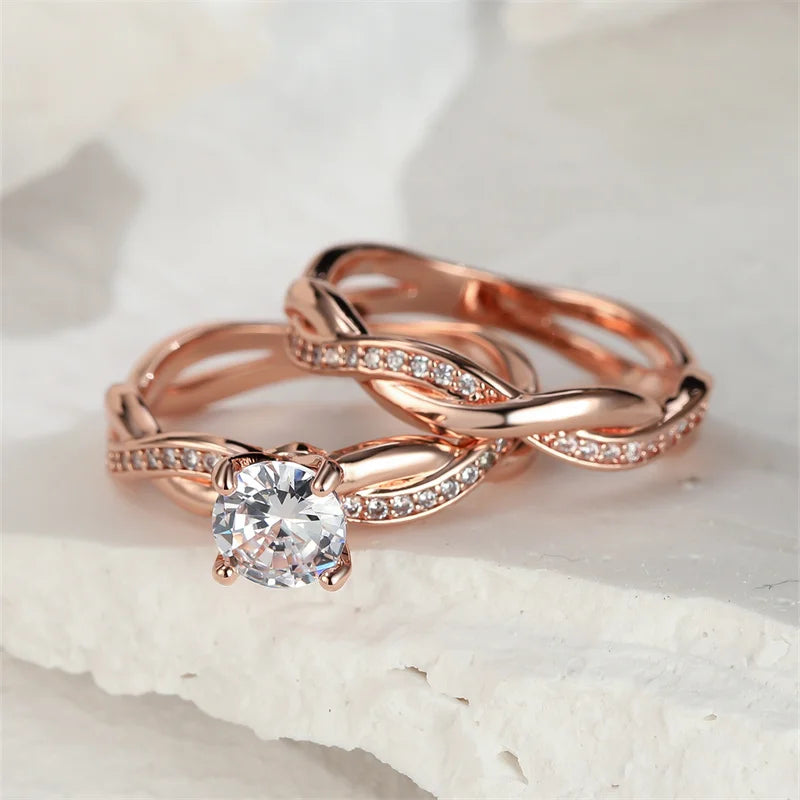 Female Round Zircon Bridal Sets Silver Gold Color White Crystal Stone Crossed Wedding Bands Promise Engagement Rings For Women