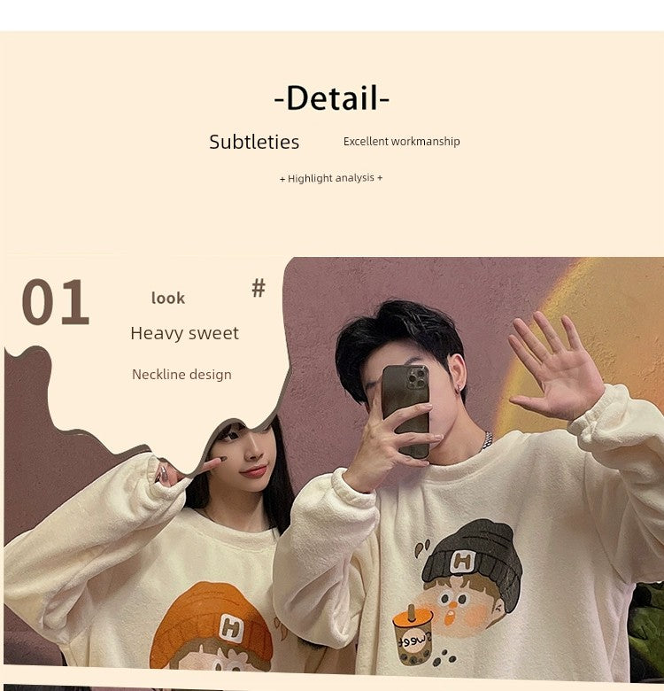 Autumn and Winter Coral Fleece Couple Pajamas Women's Flannel Cartoon Cute Women's Suit Winter Men's Home Wear