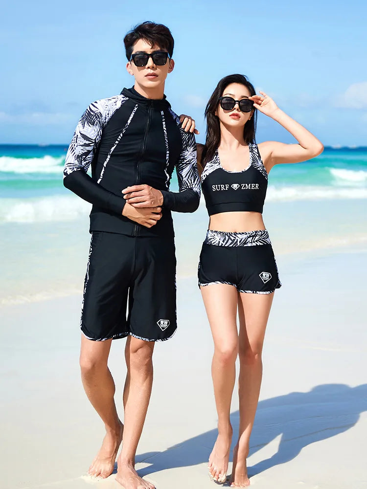 Women Men's 3-5 Piece Rash Guard with Boy Shorts Long Sleeve Zipper Swimsuit Bathing Suit Wetsuit Beachwear Tankini Tracksuit