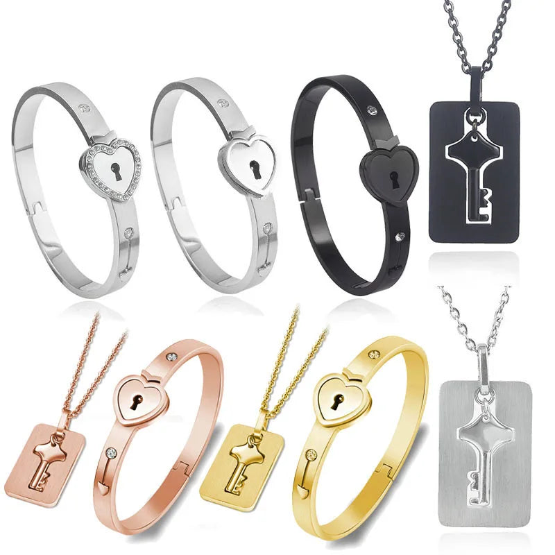 Stainless Steel Couple Bracelet Love Heart Lock Bracelets Bangle Key Pendant Necklace For Women Men Valentine's Day Jewelry Gift