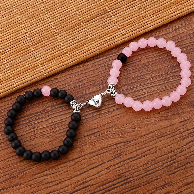 1Pair Hot Sale Love Peach Heart Magnet Bracelets For Couple Lovers Romantic Simple Frosted Stone Pink Crystal Jewelry Handwear