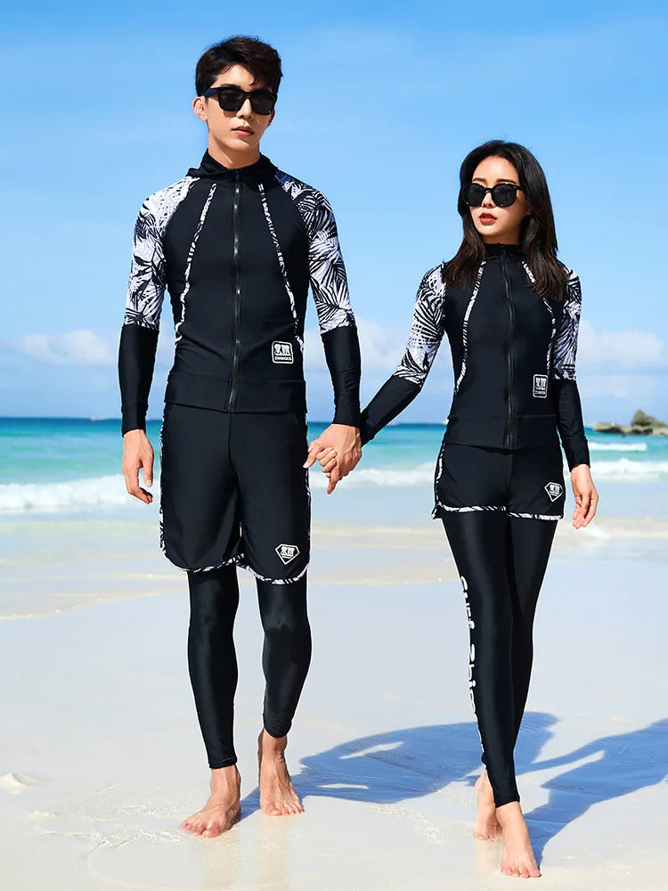 Women Men's 3-5 Piece Rash Guard with Boy Shorts Long Sleeve Zipper Swimsuit Bathing Suit Wetsuit Beachwear Tankini Tracksuit