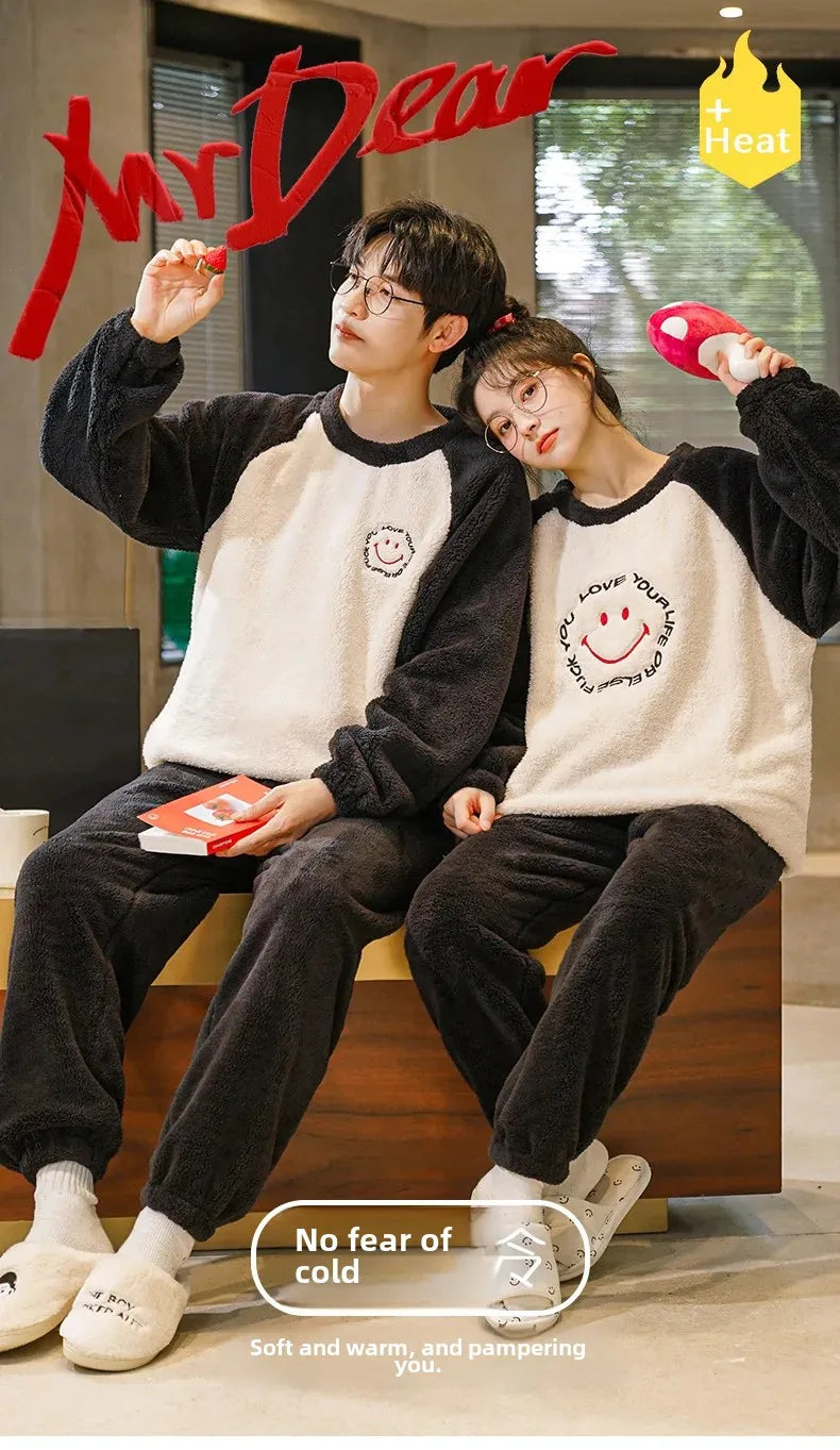 Couple's Flannel Pajamas Round Neck Long Sleeve Korean Style Homewear Pullover Thickened Autumn Winter Warm Round Neck Pajamas