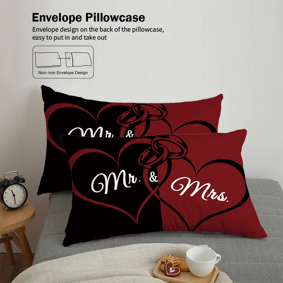 3-piece down duvet cover set with black and red color matching heart print (1 duvet cover+2 pillowcases, no core) couple bedding