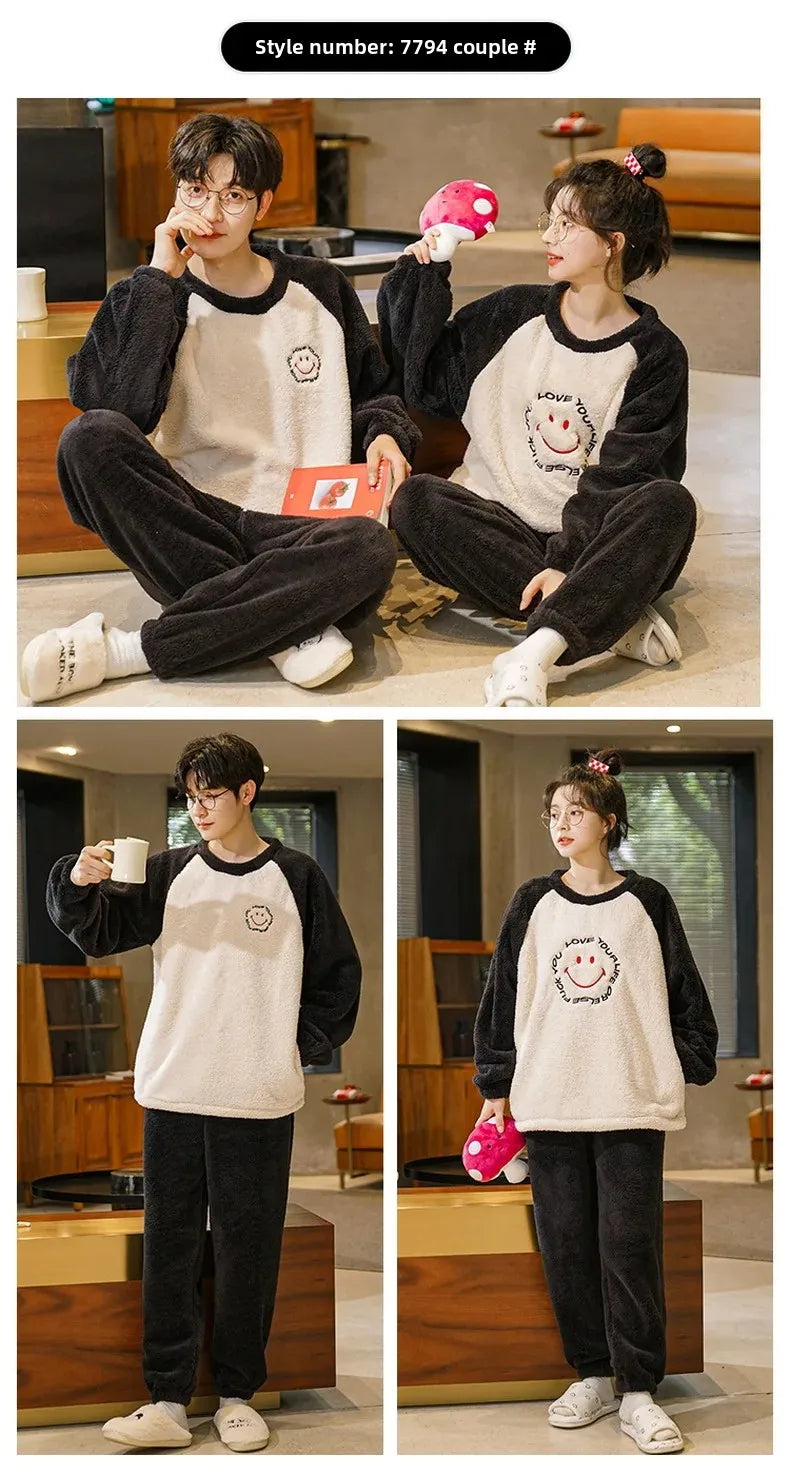 Couple's Flannel Pajamas Round Neck Long Sleeve Korean Style Homewear Pullover Thickened Autumn Winter Warm Round Neck Pajamas
