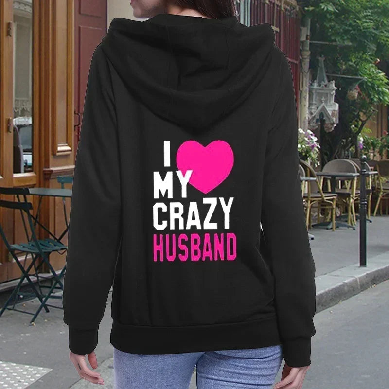 Women Men Lovers Sweatshirt Lovers Couples I LOVE MY CRAZY HUSBAND I LOVE MY CRAZY WIFE Couple Hoodies Chritsmas