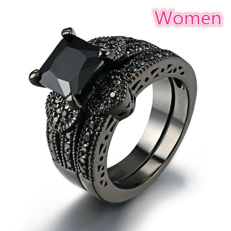 Popular Couple Romantic Couple Ring Fashion Jewelry Anniversary Wedding Black Heart Cubic Zirconia Ring Set Lover Gift