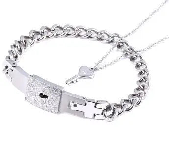 Stainless Steel Couple Bracelet Love Heart Lock Bracelets Bangle Key Pendant Necklace For Women Men Valentine's Day Jewelry Gift