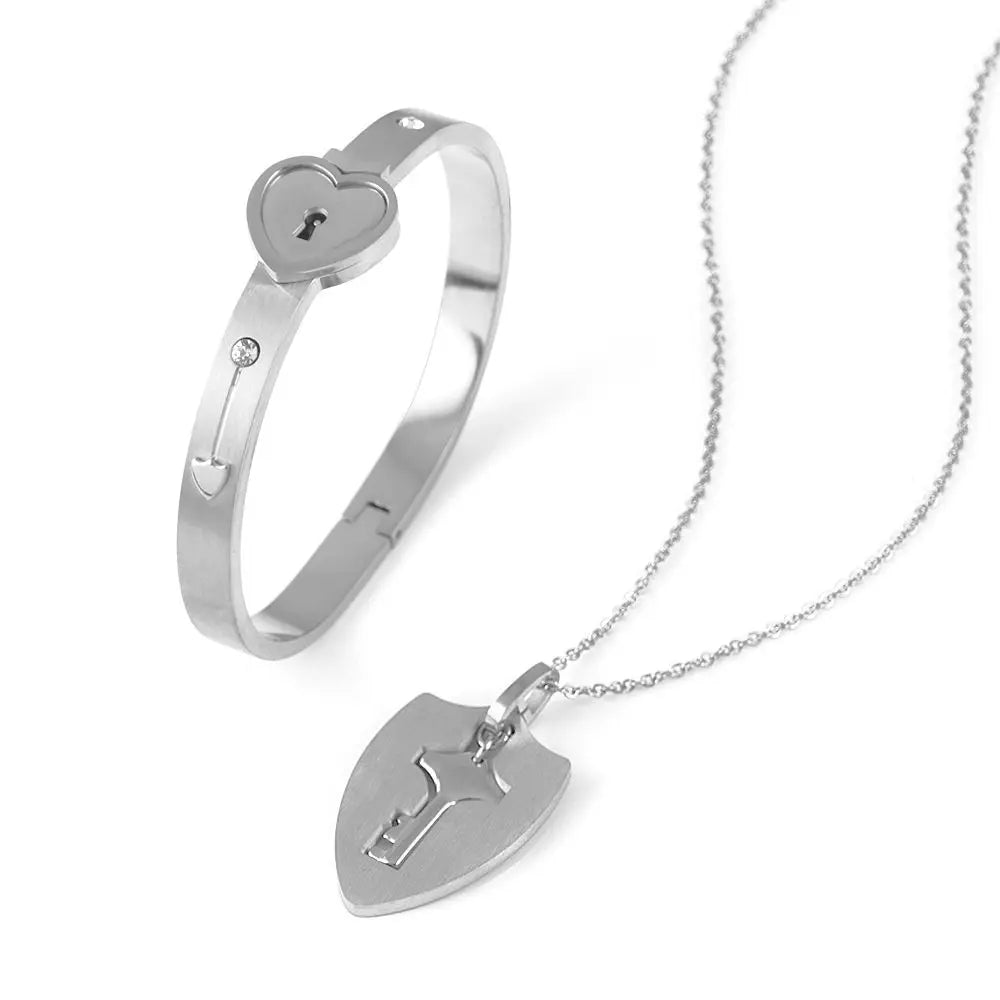 Stainless Steel Couple Bracelet Love Heart Lock Bracelets Bangle Key Pendant Necklace For Women Men Valentine's Day Jewelry Gift