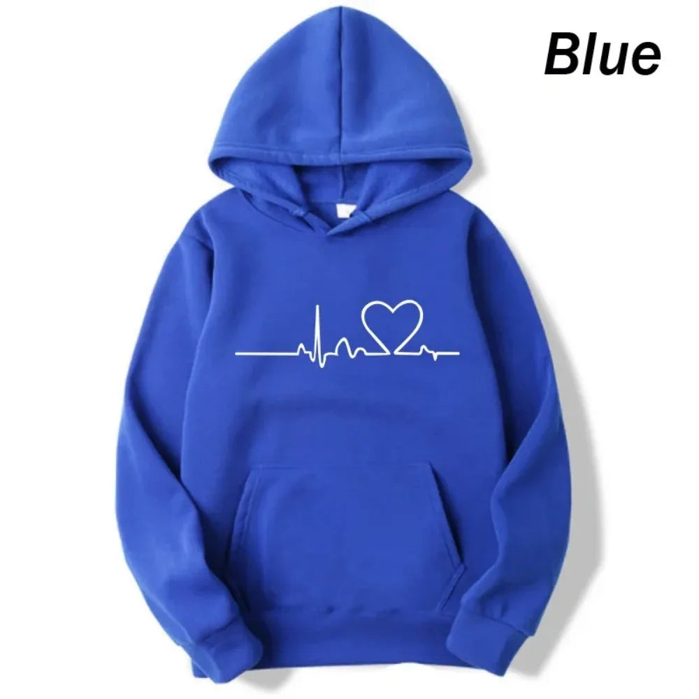 New Women Casual Hoodies Autumn/Winter Heartbeat Print Men Loose Hoodies Couple Sweatshirts Ladies Hooded Tops Streetwear