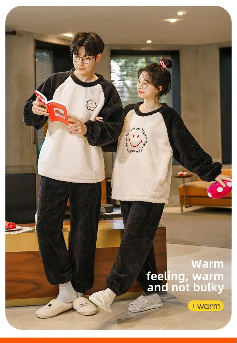 Couple's Flannel Pajamas Round Neck Long Sleeve Korean Style Homewear Pullover Thickened Autumn Winter Warm Round Neck Pajamas
