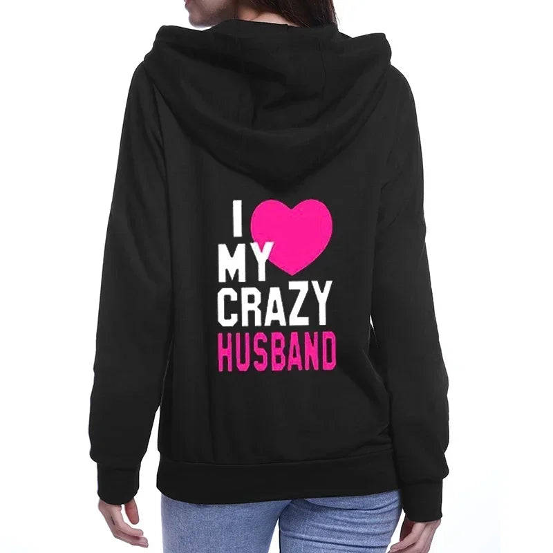 Women Men Lovers Sweatshirt Lovers Couples I LOVE MY CRAZY HUSBAND I LOVE MY CRAZY WIFE Couple Hoodies Chritsmas