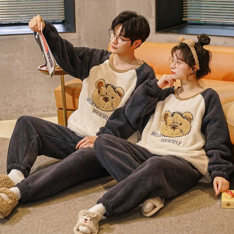 Couple's Flannel Pajamas Round Neck Long Sleeve Korean Style Homewear Pullover Thickened Autumn Winter Warm Round Neck Pajamas
