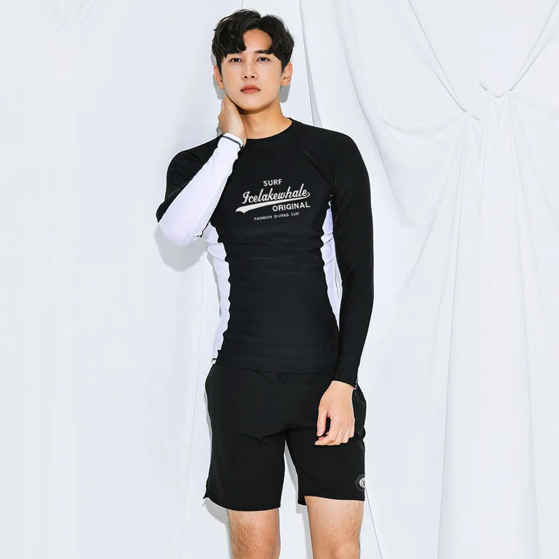 2pcs/set Long Sleeve Sun UV Protection Performance Fit Compression Men's Rash Guard Shirts Swim Workout Clothes Swimsuit