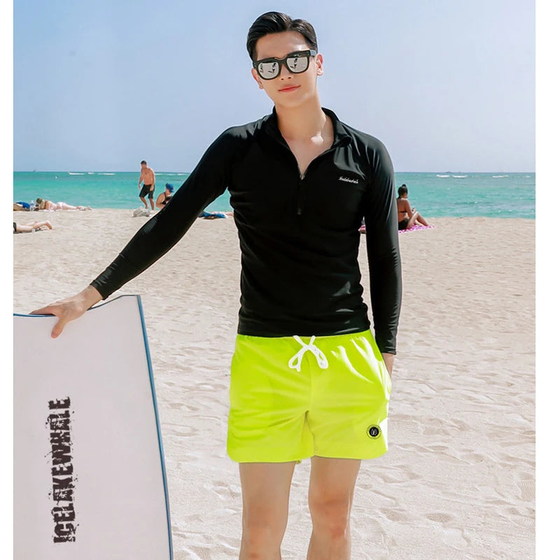 2pcs/set Long Sleeve Sun UV Protection Performance Fit Compression Men's Rash Guard Shirts Swim Workout Clothes Swimsuit