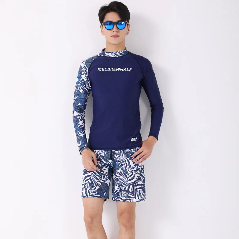 2pcs/set Long Sleeve Sun UV Protection Performance Fit Compression Men's Rash Guard Shirts Swim Workout Clothes Swimsuit