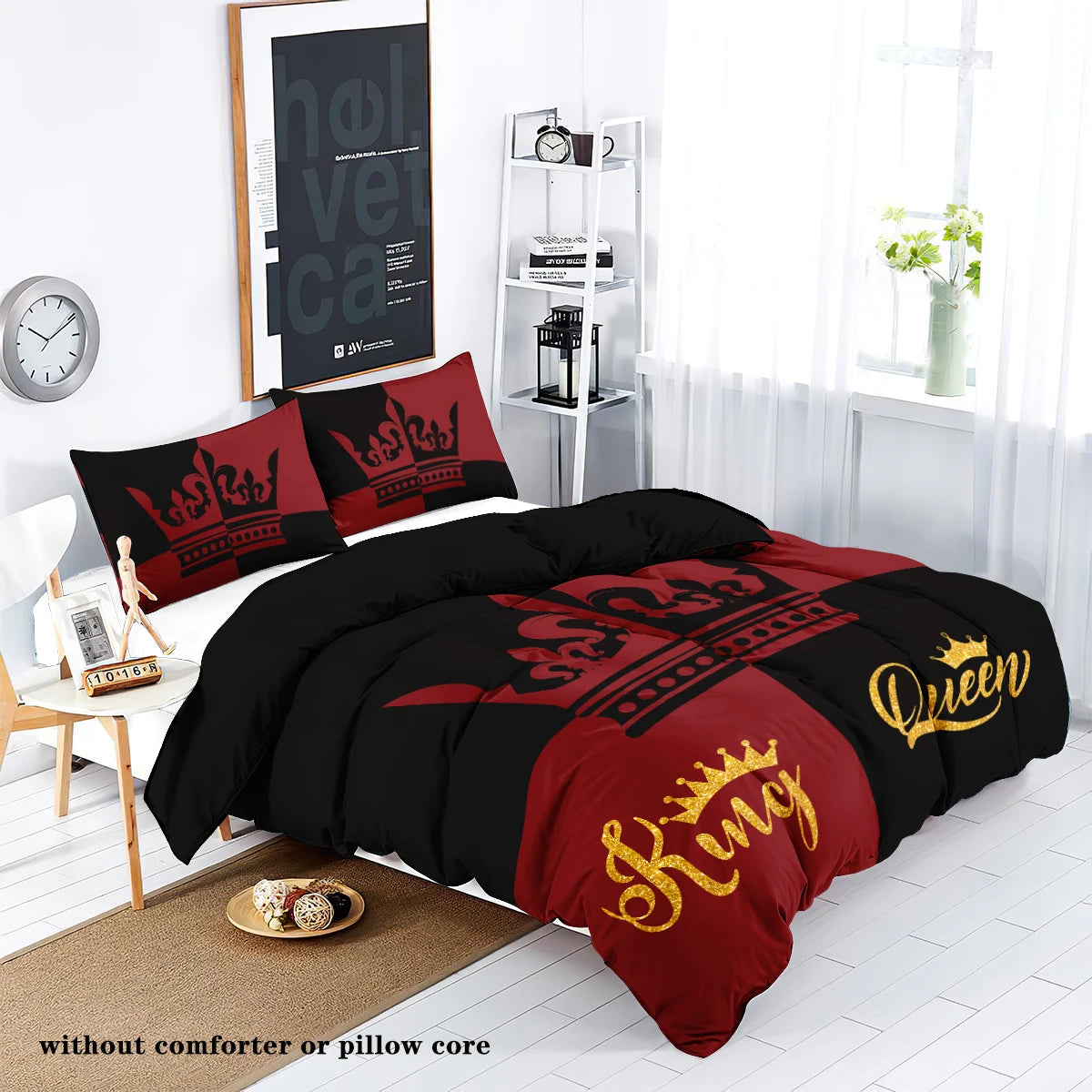 3-piece down duvet cover set with black and red color matching heart print (1 duvet cover+2 pillowcases, no core) couple bedding
