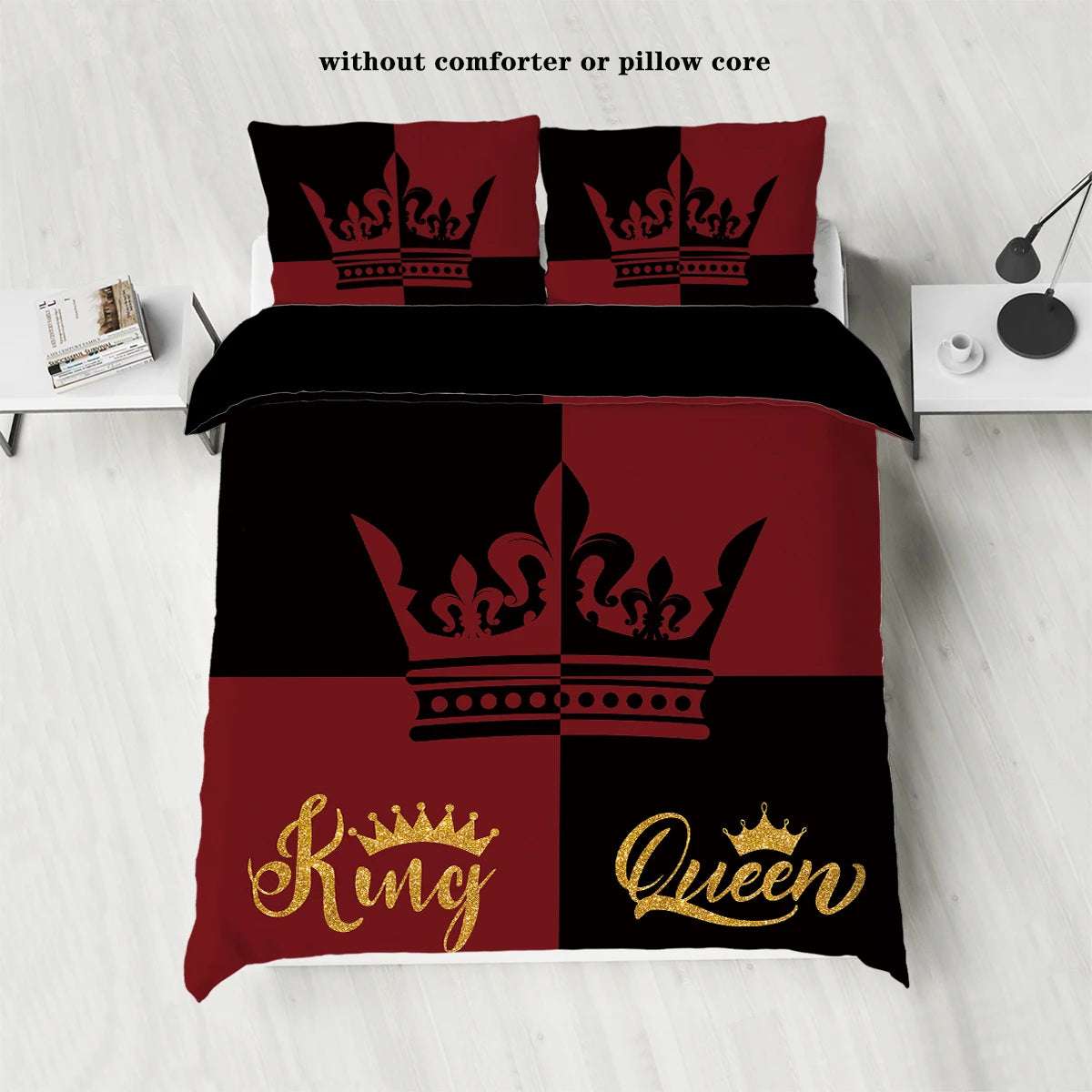 3-piece down duvet cover set with black and red color matching heart print (1 duvet cover+2 pillowcases, no core) couple bedding